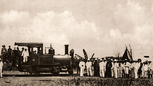 Arrival of the train in N'Dolo, Matadi-Léopoldville Railway 1890-1898, Independent State of Congo