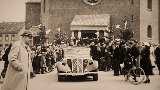 J H Biermans' Citroën in front of Herkenbosch church inaugurated in 1949, The Netherlands