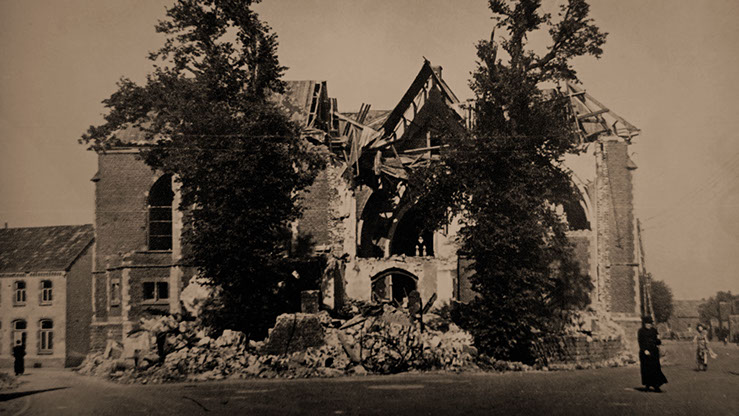 Church of Herkenbosch destroyed at the end of the war in 1944, The Netherlands