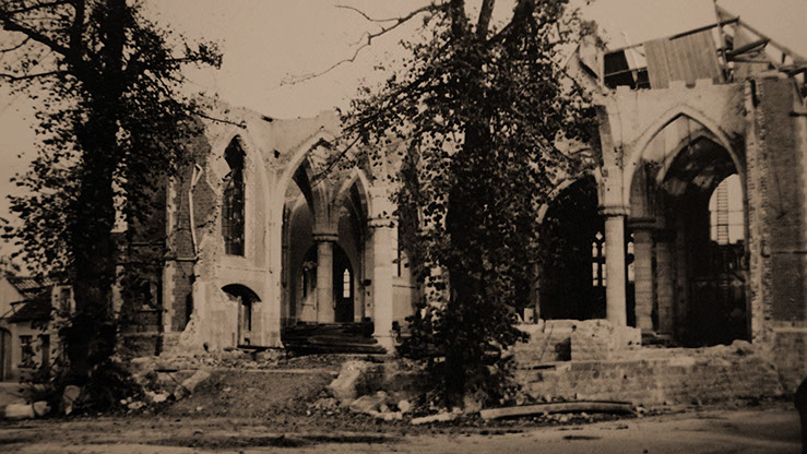 Church of Herkenbosch destroyed at the end of the war in 1944, The Netherlands