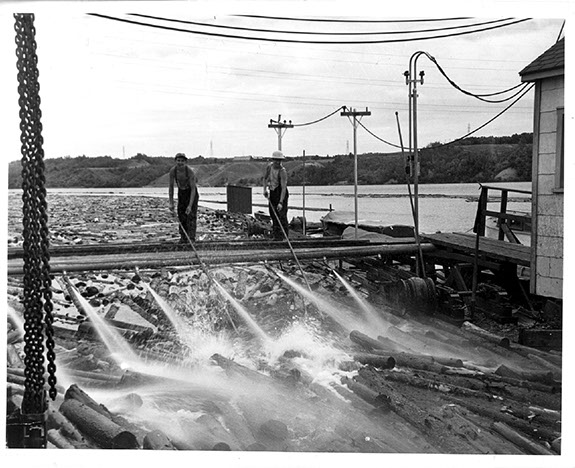 Arrival of the timber at the Belgo, Shawinigan Falls, Canada
