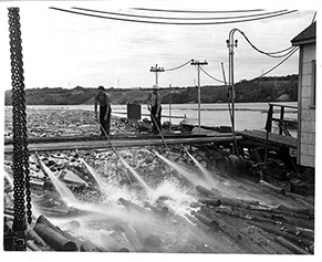 Arrival of the timber at the Belgo, Shawinigan Falls, Canada