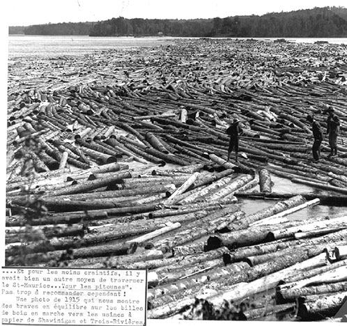 Arrival of the timber at the Belgo, Shawinigan Falls, Canada