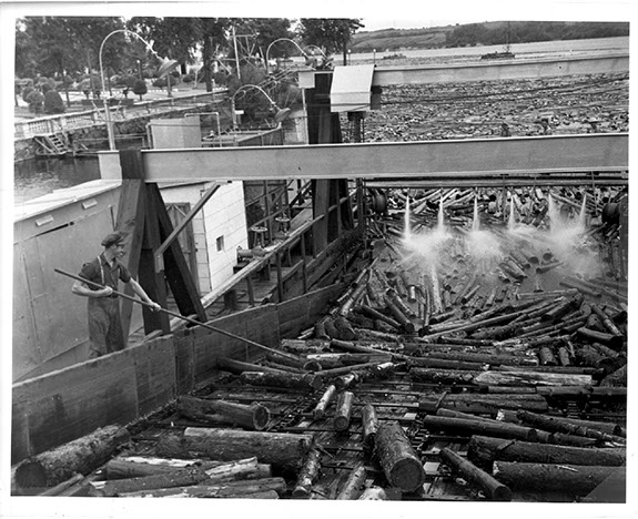 Arrival of the timber at the Belgo, Shawinigan Falls, Canada